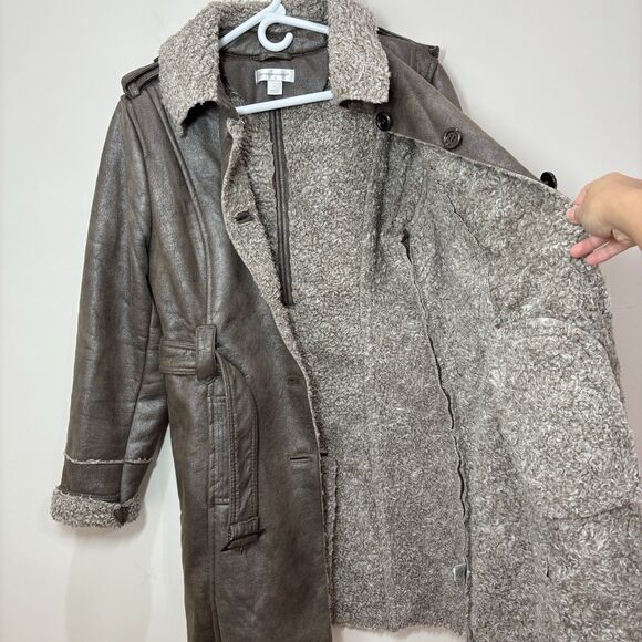 Y2K Faux Suede Sherpa Lined Coat Women L Longline Penny Lane 90s Trench Hippie - Picture 5 of 16